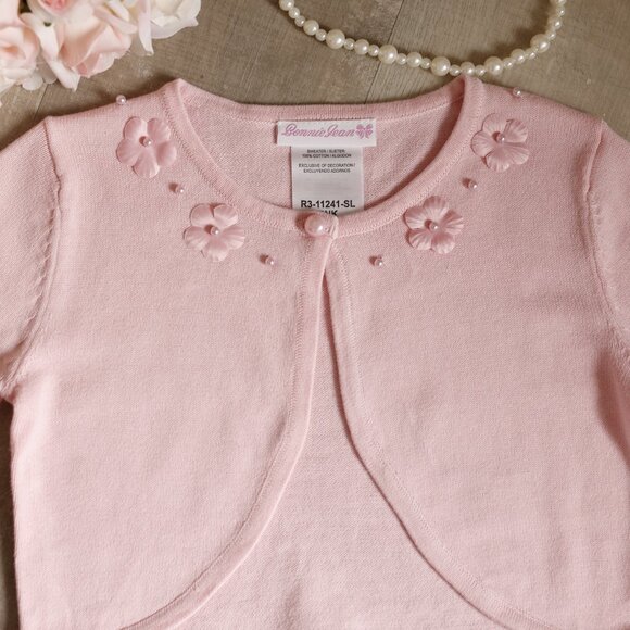 Girls 100% Cotton Pink Sweater Cardigan Shrug Bolero Pearls Floral Appliqués NWT - Picture 2 of 3